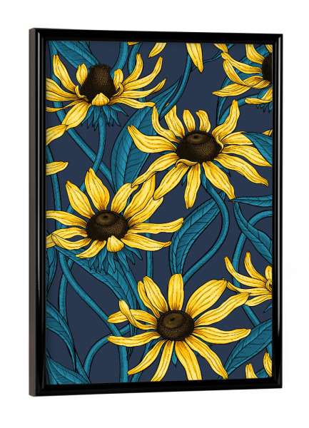 Poster mit schwarzem Rahmen "Gelbe Rudbekia auf Marineblau" artboxONE - Natur,Floral