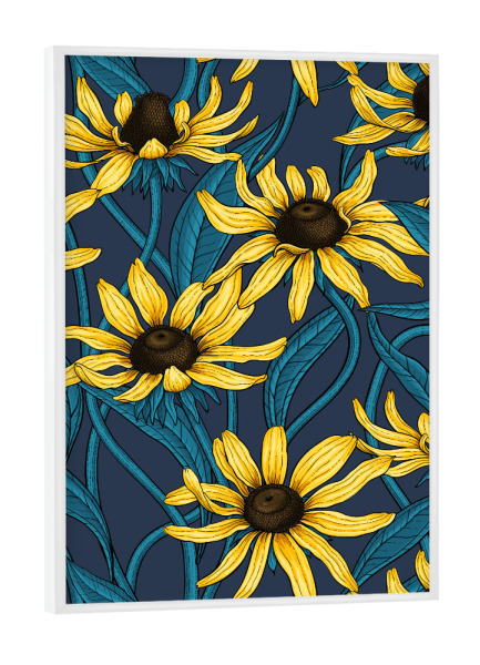 Poster mit weißem Rahmen "Gelbe Rudbekia auf Marineblau" artboxONE - Natur,Floral