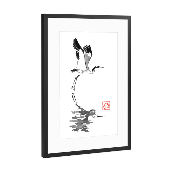 Poster mit Rahmen Schwarz (Metallic) "Kranich fliegt" artboxONE - Tiere,Schwarzweiß - Sumie,Japan,Kranich,Schwarzweiß,Fliegen,Vogel