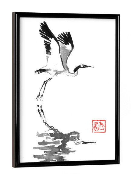 Poster mit schwarzem Rahmen "Kranich fliegt" artboxONE - Tiere,Schwarzweiß - Sumie,Japan,Kranich,Schwarzweiß,Fliegen,Vogel