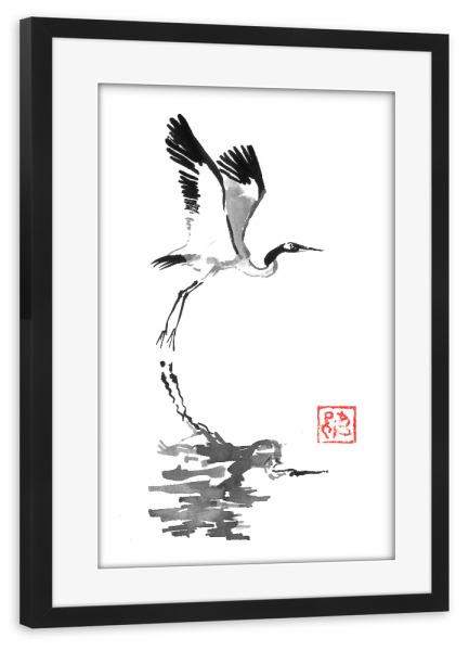 Poster mit Rahmen schwarz "Kranich fliegt" artboxONE - Tiere,Schwarzweiß - Sumie,Japan,Kranich,Schwarzweiß,Fliegen,Vogel