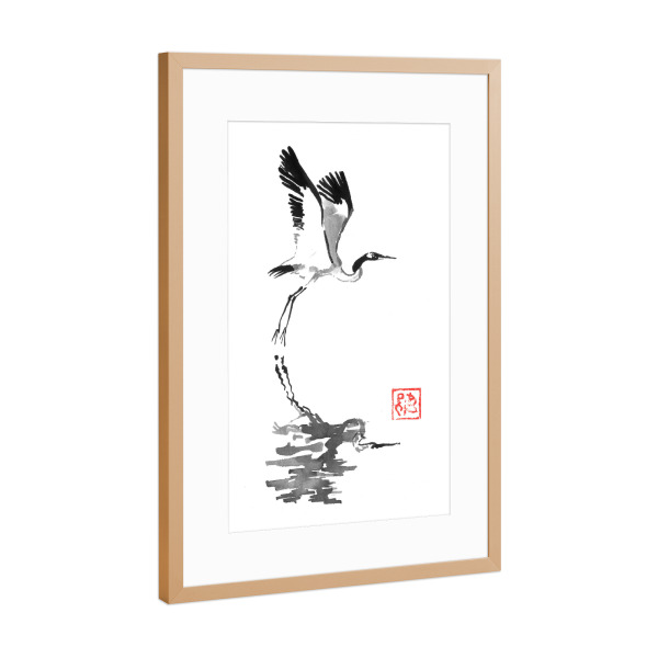 Poster mit Rahmen Kupfer "Kranich fliegt" artboxONE - Tiere,Schwarzweiß - Sumie,Japan,Kranich,Schwarzweiß,Fliegen,Vogel