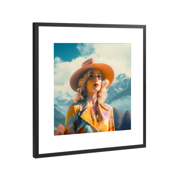 Poster mit Rahmen Schwarz (Metallic) "FRAU IN DEN BERGEN" artboxONE - Reise,Menschen - Orange,Frau,Berge,Wandern