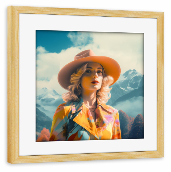 Poster mit Rahmen kiefer "FRAU IN DEN BERGEN" artboxONE - Reise,Menschen - Orange,Frau,Berge,Wandern