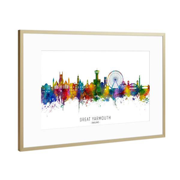 Poster mit Rahmen Gold "Great Yarmouth Skyline TXT" artboxONE - Städte