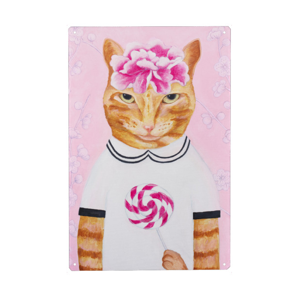 Metall Poster "Katze mit Lutscher" artboxONE - Für Kinder,Tiere,Lustig - Katze,Ingwerkatze,Naive kunst,Niedliche kunst,Katzenkunst,Katzendruck