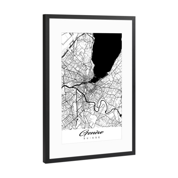 Poster mit Rahmen Schwarz (Metallic) "Genf als Stadtplan" artboxONE - Städte,Schwarzweiß,Kartografie