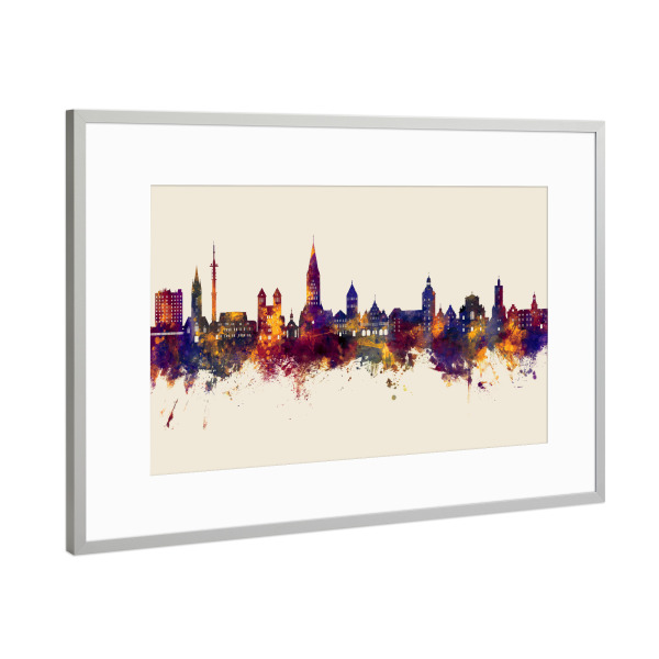 Poster mit Rahmen Silber "Paderborn Skyline Herbst" artboxONE - Städte - Paderborn,Deutschland,Deutschlandskyline,Stadtbild,Stadtbild,Aquarell,Malerei