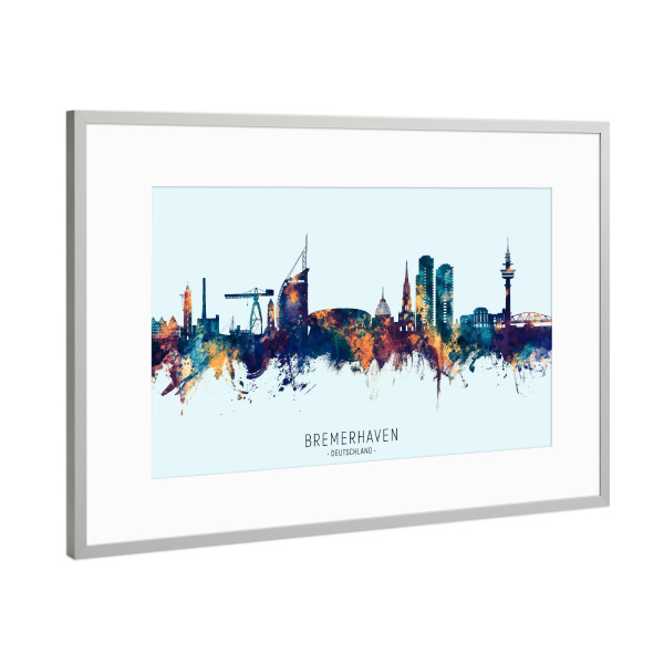 Poster mit Rahmen Silber "Bremerhaven Skyline BlauOrange" artboxONE - Städte