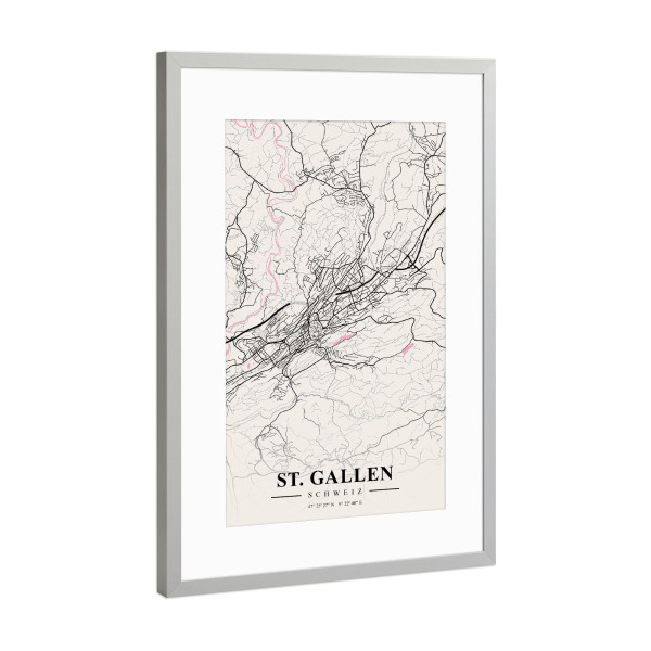 Poster mit Rahmen Silber "City Map von St. Gallen" artboxONE - Städte