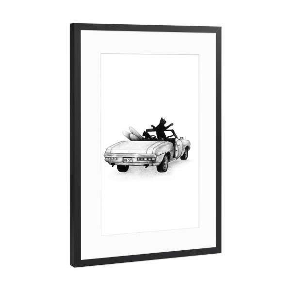 Poster mit Rahmen Schwarz (Metallic) "Schwarze Katzen im Auto" artboxONE - Natur,Tiere,Comic,Automobile,Lustig