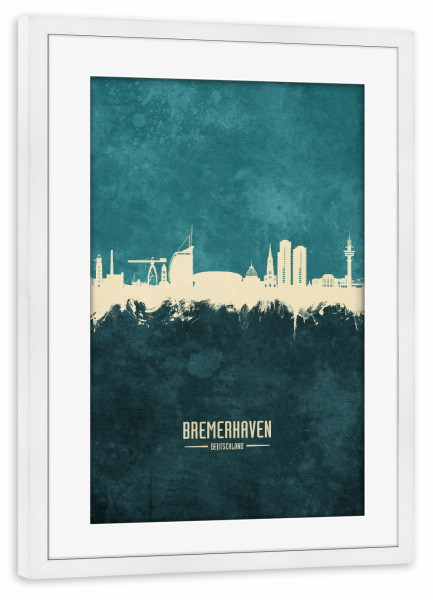 Poster mit Rahmen weiß "Bremerhaven Skyline Türkis" artboxONE - Städte