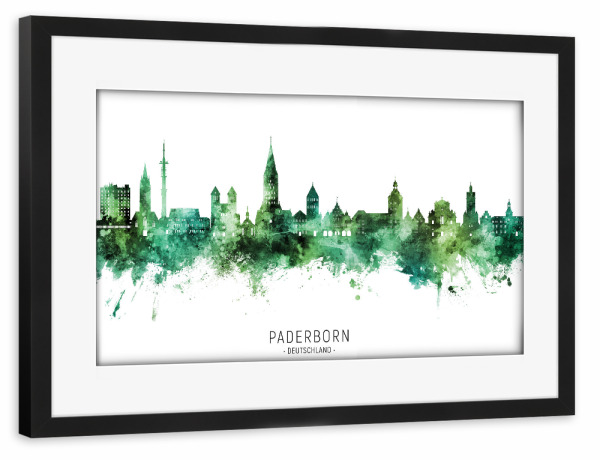 Poster mit Rahmen schwarz "Paderborn Skyline Grüner Name" artboxONE - Städte