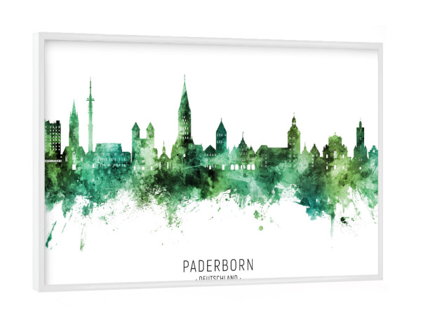 Poster mit weißem Rahmen "Paderborn Skyline Grüner Name" artboxONE - Städte