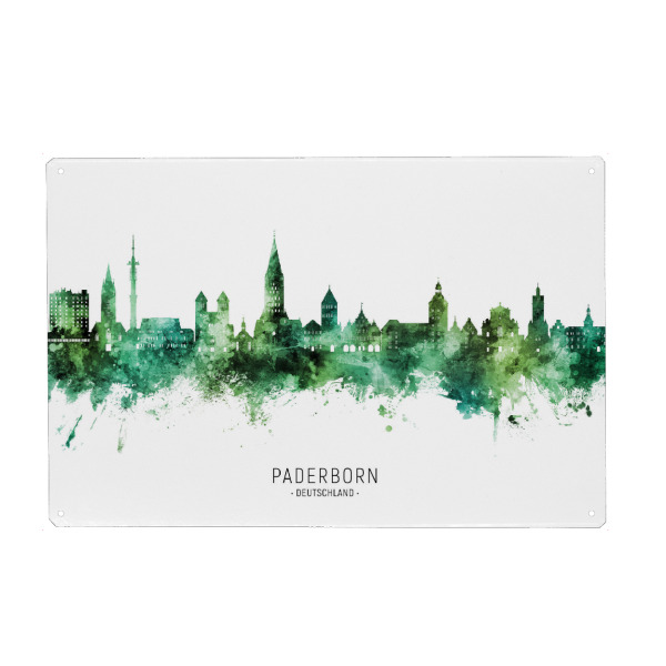Holzbild "Paderborn Skyline Grüner Name" artboxONE - Städte - Paderborn,Deutschland,Deutschlandskyline,Stadtbild,Stadtbild,Aquarell,Malerei
