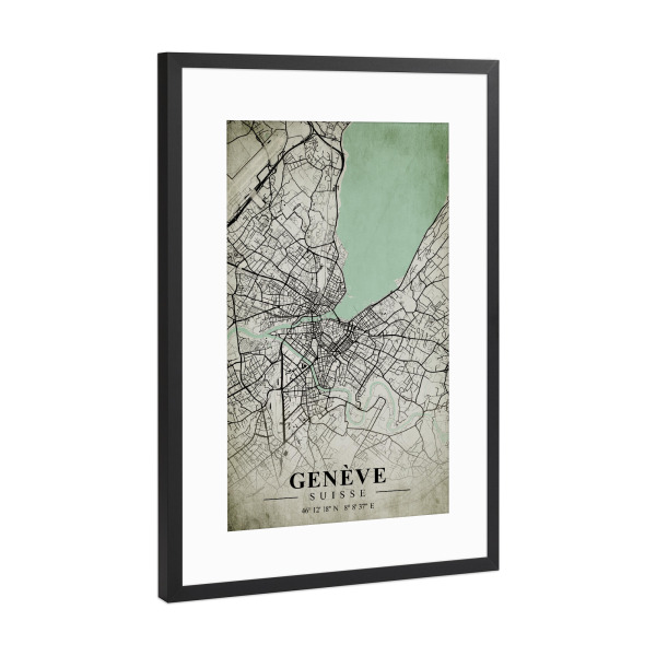 Poster mit Rahmen Schwarz (Metallic) "Genève Vintage City Map" artboxONE - Städte,Kartografie