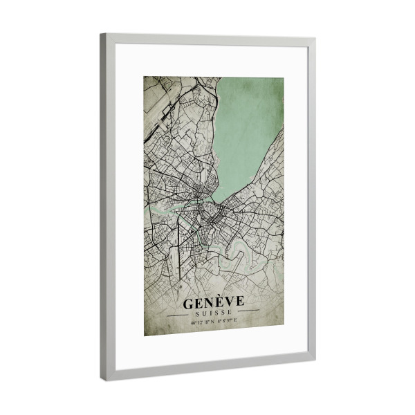 Poster mit Rahmen Silber "Genève Vintage City Map" artboxONE - Städte,Kartografie