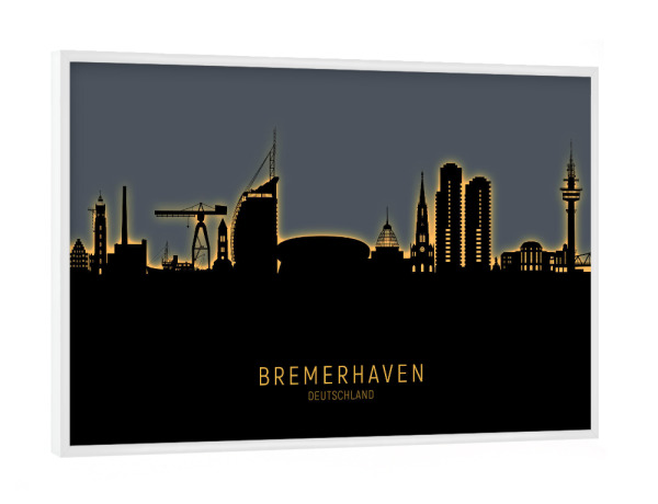 Poster mit weißem Rahmen "Bremerhaven Skyline Glow Orange" artboxONE - Städte