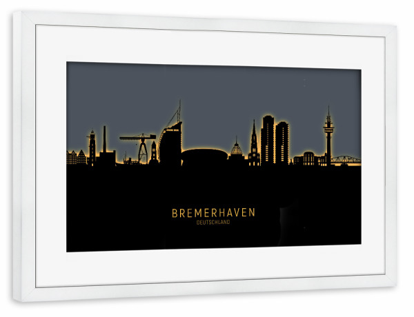 Poster mit Rahmen weiß "Bremerhaven Skyline Glow Orange" artboxONE - Städte