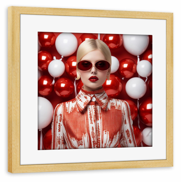 Poster mit Rahmen kiefer "WEIHNACHTSKUGELN" artboxONE - Liebe,Fashion,Weihnachten - Fashion,Weihnachten,Weihnachtszeit,Frau,Rot,Weiss,Kugeln