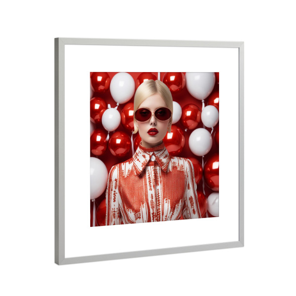 Poster mit Rahmen Silber "WEIHNACHTSKUGELN" artboxONE - Liebe,Fashion,Weihnachten - Fashion,Weihnachten,Weihnachtszeit,Frau,Rot,Weiss,Kugeln