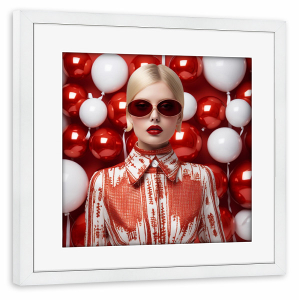 Poster mit Rahmen weiß "WEIHNACHTSKUGELN" artboxONE - Liebe,Fashion,Weihnachten - Fashion,Weihnachten,Weihnachtszeit,Frau,Rot,Weiss,Kugeln