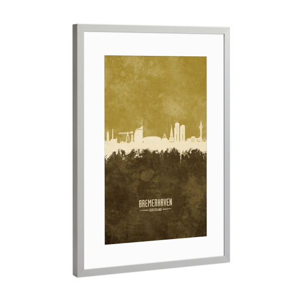 Poster mit Rahmen Silber "Bremerhaven Skyline Braun" artboxONE - Städte
