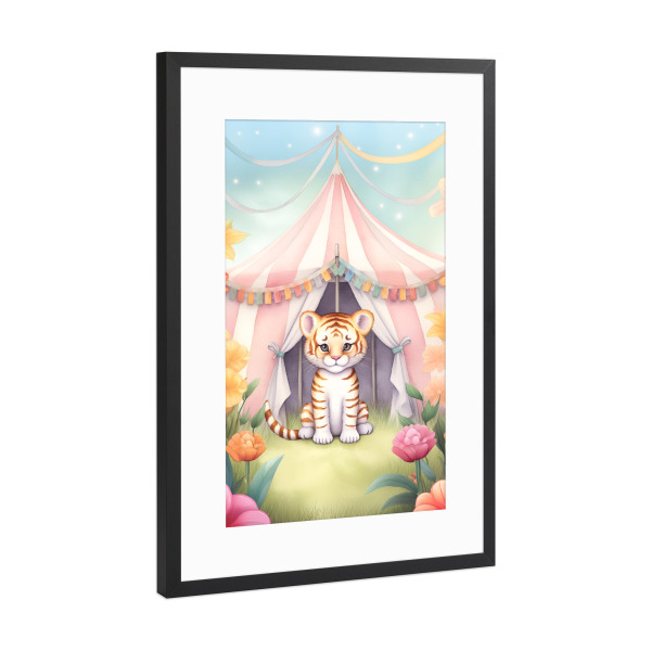 Poster mit Rahmen Schwarz (Metallic) "Kleiner Zirkus Tiger" artboxONE - Floral,Für Kinder,Tiere