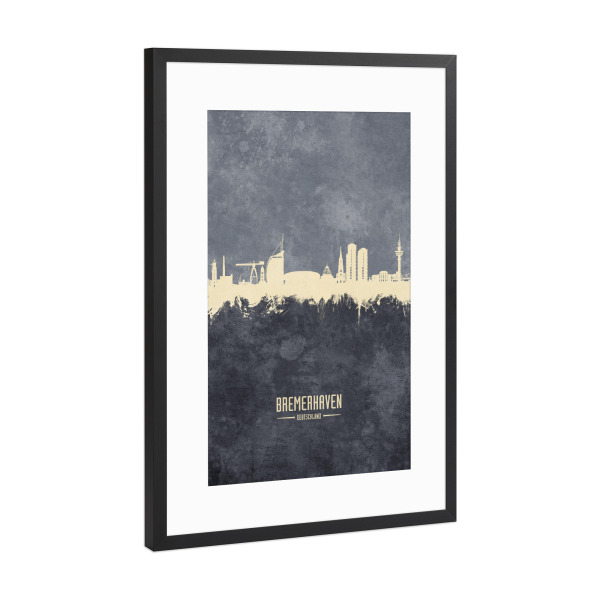 Poster mit Rahmen Schwarz (Metallic) "Bremerhaven Skyline Grau" artboxONE - Städte