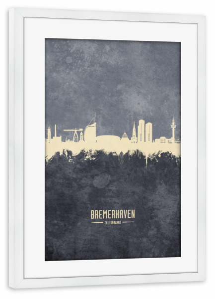 Poster mit Rahmen weiß "Bremerhaven Skyline Grau" artboxONE - Städte - Bremerhaven,Deutschland,Deutschlandskyline,Stadtbild,Stadtbild,Aquarell,Malerei