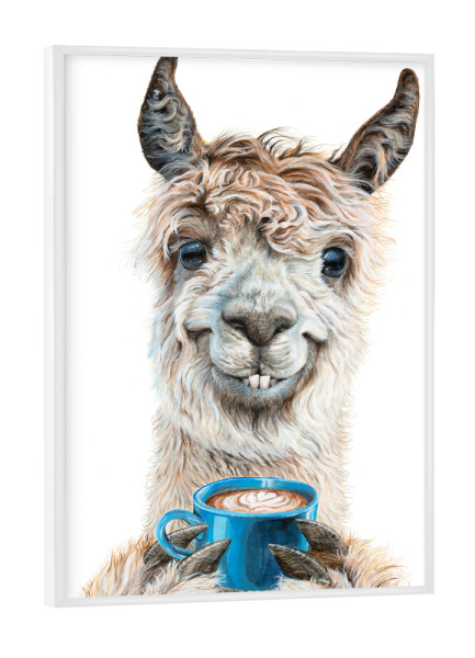 Poster mit weißem Rahmen "Lama Latte" artboxONE - Tiere,Essen & Trinken,Lustig - Tiere,Lama,Humor,Lustig,Getränke,Kaffee,Tier