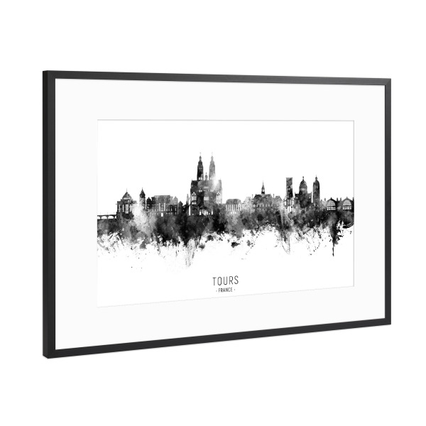 Poster mit Rahmen Schwarz (Metallic) "Tours France Skyline BW Text" artboxONE - Städte,Schwarzweiß