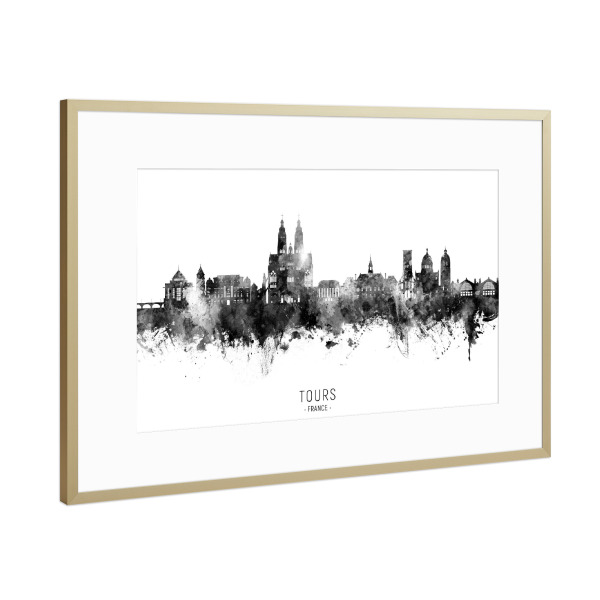 Poster mit Rahmen Gold "Tours France Skyline BW Text" artboxONE - Städte,Schwarzweiß - Touren,Frankreich,Skyline,Stadtbild,Stadtbild,Aquarell,Malerei