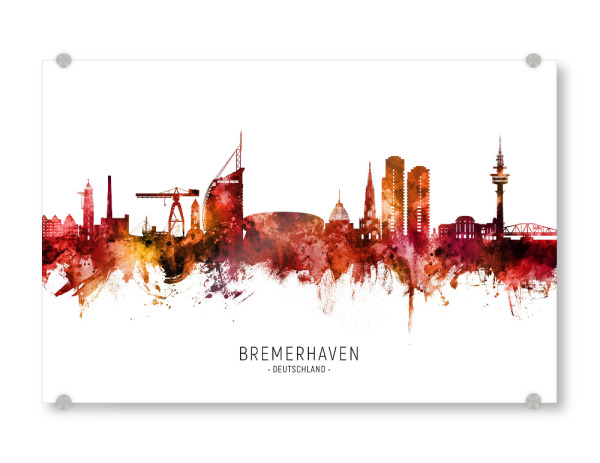 Acrylglasbild "Bremerhaven Skyline Roter Name" artboxONE - Städte - Bremerhaven,Deutschland,Deutschlandskyline,Stadtbild,Stadtbild,Aquarell,Malerei