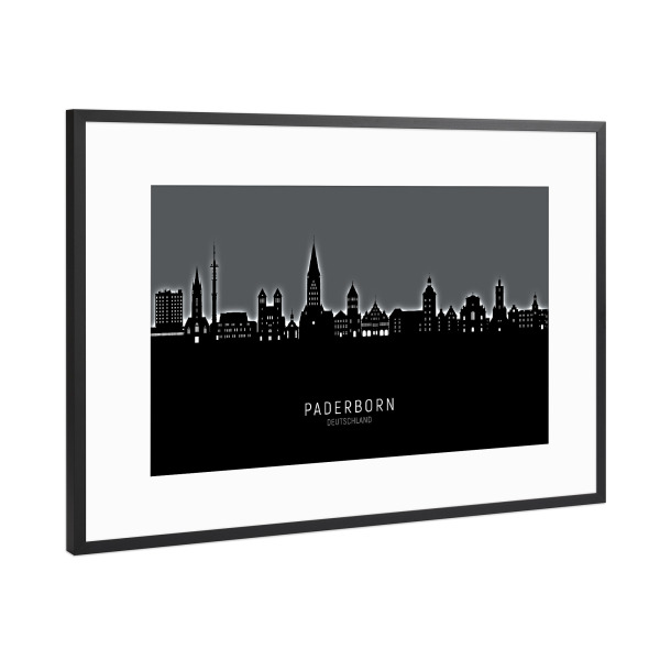 Poster mit Rahmen Schwarz (Metallic) "Paderborn Skyline Glow White" artboxONE - Städte