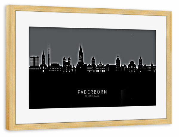 Poster mit Rahmen kiefer "Paderborn Skyline Glow White" artboxONE - Städte