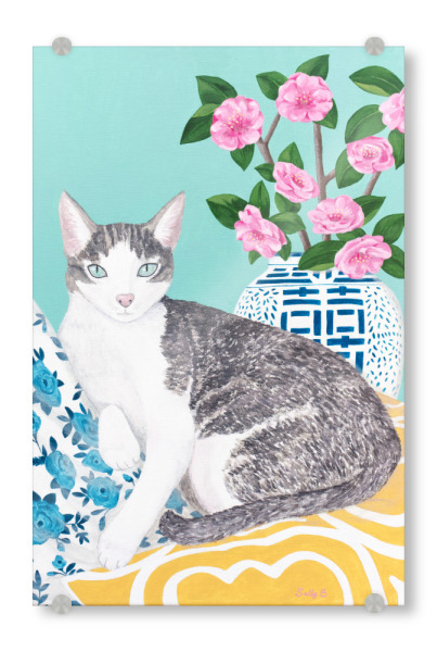Acrylglasbild "Katze auf Kissen" artboxONE - Floral,Tiere - Katzenkunst,Katze,Katzendruck,Süße katze,Chinoiserie-kunst,Tier,Floral,Blumen,Vase
