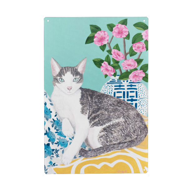 Metall Poster "Katze auf Kissen" artboxONE - Floral,Tiere - Katzenkunst,Katze,Katzendruck,Süße katze,Chinoiserie-kunst,Tier,Floral,Blumen,Vase