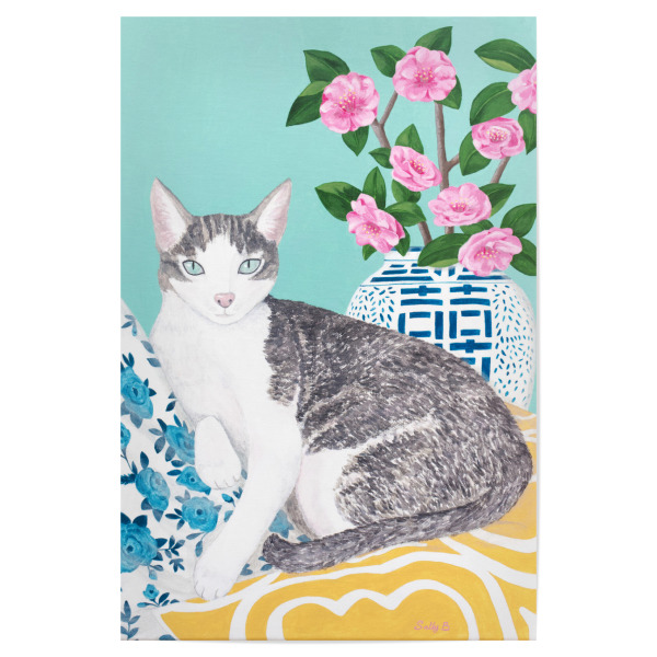 Poster "Katze auf Kissen" artboxONE - Floral,Tiere - Katzenkunst,Katze,Katzendruck,Süße katze,Chinoiserie-kunst,Tier,Floral,Blumen,Vase