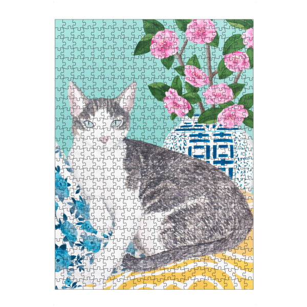 Puzzle Ravensburger "Katze auf Kissen" artboxONE - Floral,Tiere - Katzenkunst,Katze,Katzendruck,Süße katze,Chinoiserie-kunst,Tier,Floral,Blumen,Vase