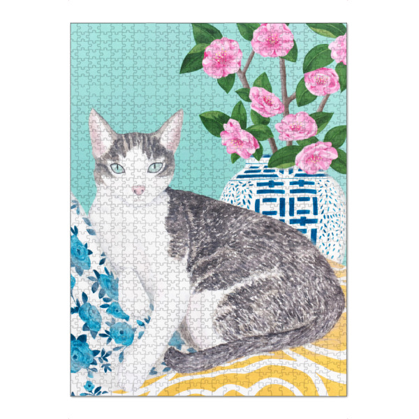 Puzzle Ravensburger "Katze auf Kissen" artboxONE - Floral,Tiere - Katzenkunst,Katze,Katzendruck,Süße katze,Chinoiserie-kunst,Tier,Floral,Blumen,Vase