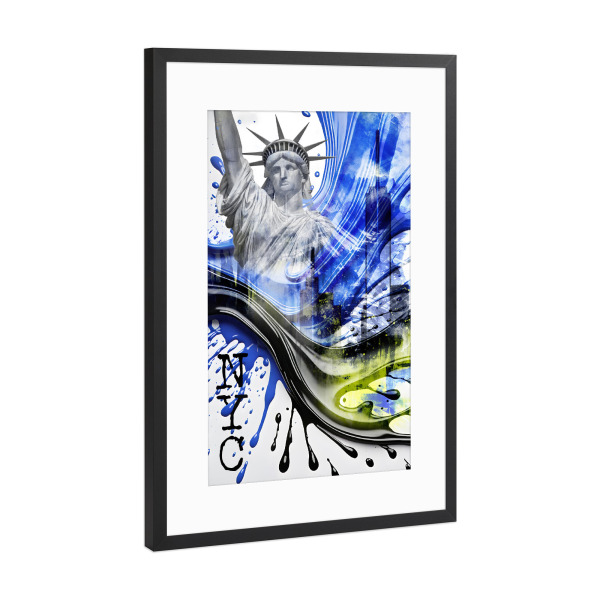 Poster mit Rahmen Schwarz (Metallic) "NYC Art Splashes - BLAU" artboxONE - Städte / New York,Abstrakt