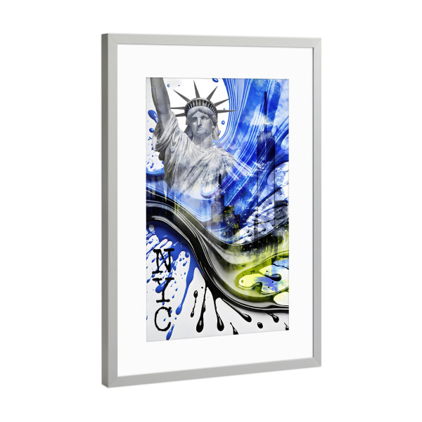 Poster mit Rahmen Silber "NYC Art Splashes - BLAU" artboxONE - Städte / New York,Abstrakt