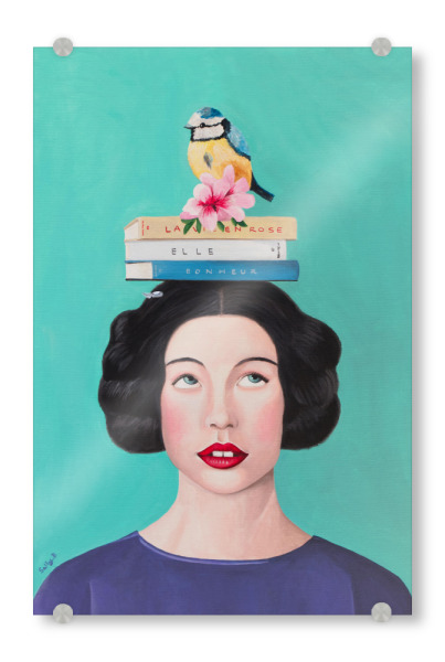 Acrylglasbild "Frau mit Büchern und Vogel" artboxONE - Tiere,Menschen - Vogeldruck,Frauendruck,Porträt,Naive kunst,Niedliche kunst