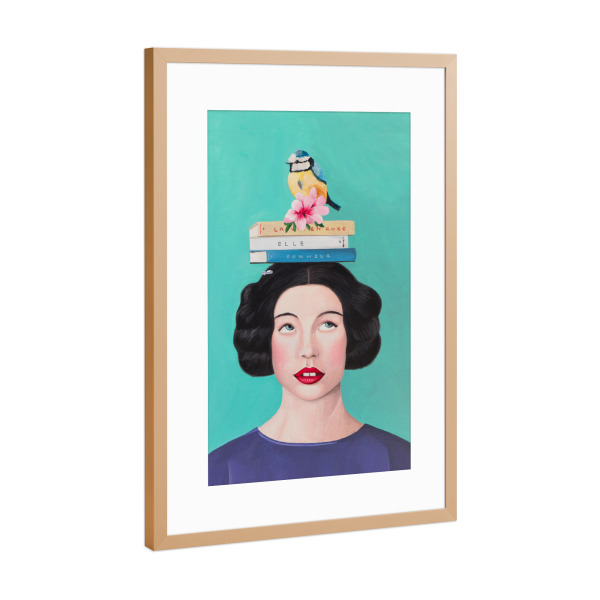 Poster mit Rahmen Kupfer "Frau mit Büchern und Vogel" artboxONE - Tiere,Menschen - Vogeldruck,Frauendruck,Porträt,Naive kunst,Niedliche kunst