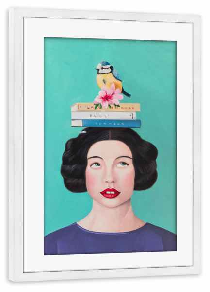Poster mit Rahmen weiß "Frau mit Büchern und Vogel" artboxONE - Tiere,Menschen - Vogeldruck,Frauendruck,Porträt,Naive kunst,Niedliche kunst