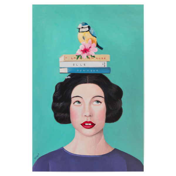 Poster 30x20 cm "Frau mit Büchern und Vogel" artboxONE - Tiere,Menschen - Vogeldruck,Frauendruck,Porträt,Naive kunst,Niedliche kunst