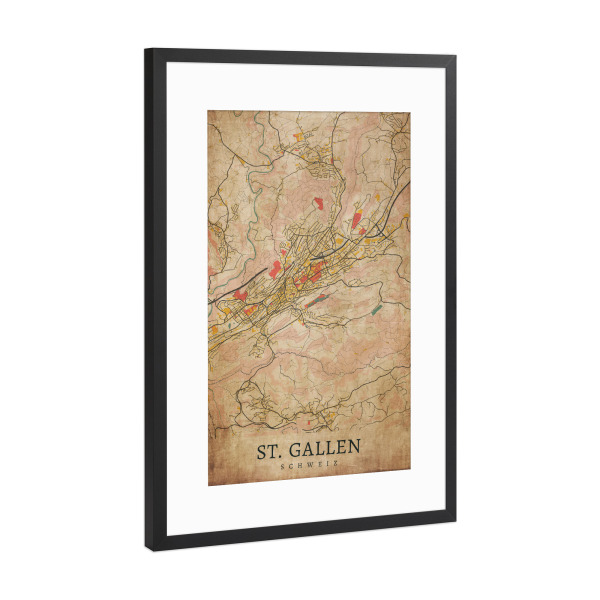 Poster mit Rahmen Schwarz (Metallic) "Stadtplan Vintage St. Gallen" artboxONE - Städte,Kartografie
