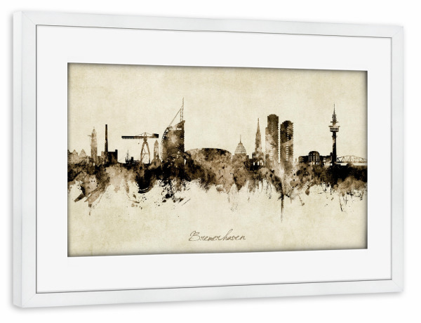 Poster mit Rahmen weiß "Bremerhaven Skyline Sepia" artboxONE - Städte
