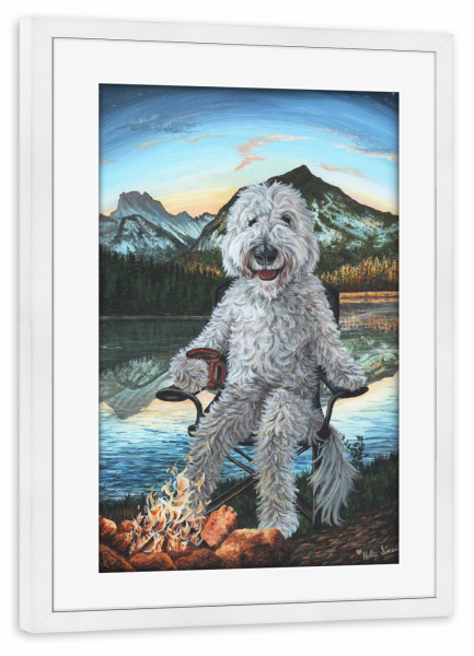 Poster mit Rahmen weiß "Campadoodle" artboxONE - Natur,Tiere,Lustig - Tiere,Humor,Lustig,Lager,Camping,Entspannen,Berge,Hund,Haustiere,Gekritzel
